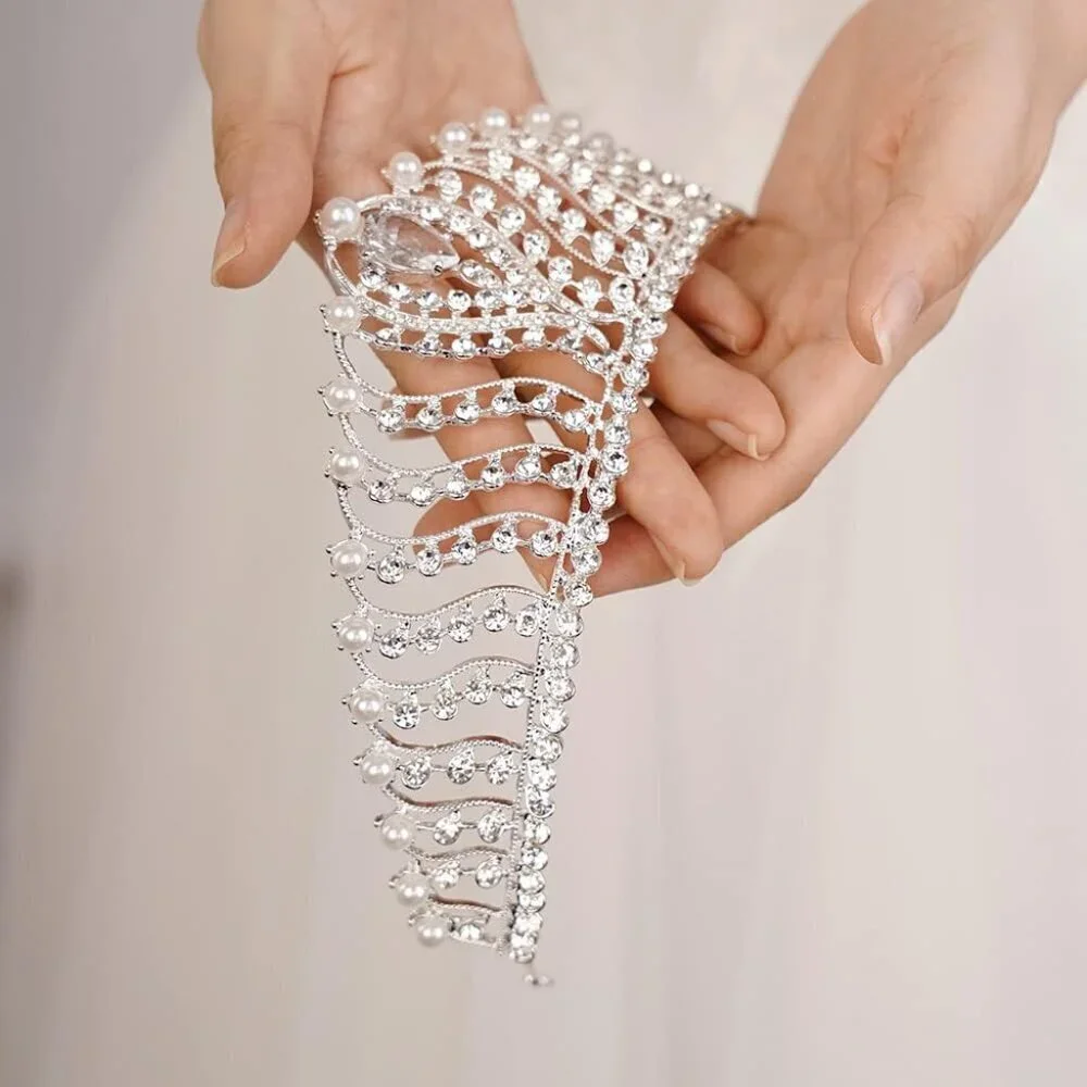 Silver Pearl Crystal Crown Rhinestone Tiara for Women Wedding Parties